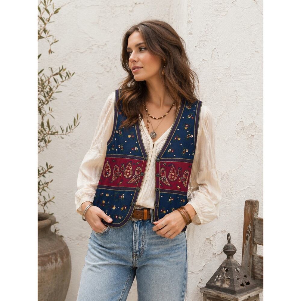 Vintage Solution Womens  Boho Cotton Vest Size S Embroidered Western Red Blue